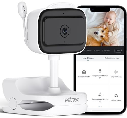 PetTec® Cam Feel Sensor - Überwachungskamera Innen für Haustiere & Babys mit App [HD+] - Haustierkamera Hundekamera mit Bewegungs- & Geräuscherkennung - Babyphone mit Kamera & Nachtsichtfunktion