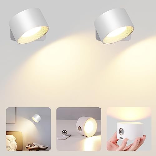 GuKKK Luz de Pared de Interior, Lámpara de pared LED, Apliques Interior 2 Pcs Giratoria de 360° con Carga USB, 3 Niveles de Brillo Pared de Interior, Control Táctil Lámparas de Pared Inalámbricas