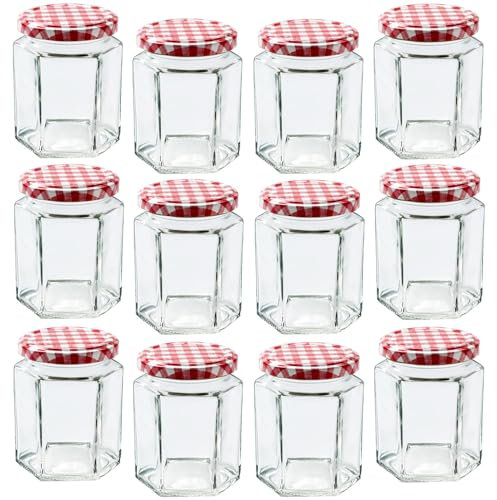 Lot de 12 petits bocaux en verre avec couvercles hermétiques de 280 ml avec couvercles vichy rouges pour une utilisation comme bocaux de marinage, bocaux hermétiques pour cuisine, épices, miel ou