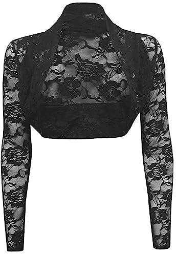 Buliezy Dam spetsbolero långärmad kofta Shrug kort axeljacka genomskinlig blommor cardigan topp, svart, L