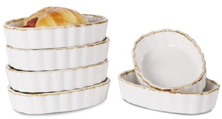 ONTUBE 4 oz Ramekins -Porcelain Oval Shape Ramekins for Creme Brulee Dishes,Dipping Sauces,Baking Pudding Cups, Souffle Dish,Oven Safe,Set of 6 (Brown/White)