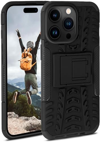 ONEFLOW Carcasa para Apple iPhone 15 Pro Max para exteriores, carcasa resistente con cámara y protección de pantalla, funda de TPU con soporte, color negro