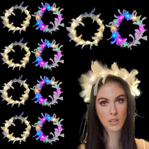 Cerioll LED-Feder-Stirnbänder, 10 Stück Lichterkette mit Federn, LED Haarreif, Leuchtender Kopfschmuck, Party-Haarschmuck Für Frauen Und Mädchen (5 Farben)