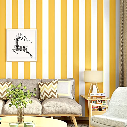 HimYKEA Modern Minimalist Non-Woven Vertical Striped Line Wallpaper Roll for Living Room Bedroom Non-Pasted Wall Paper Roll White Yellow 1.73'L x 32.8'L