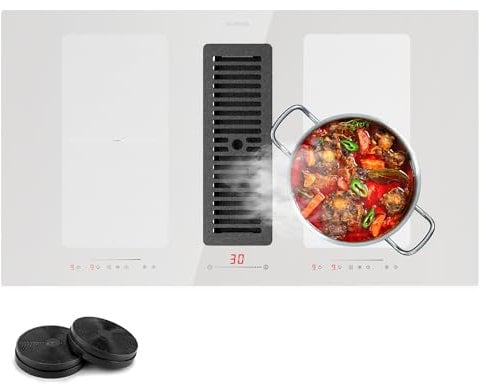 Klarstein Placa Induccion de 2 en 1 con Extractor Isla Cocina, Vitroceramica con Campana Extractora Cocina 391m³/h, Control Táctil, Cocinas de Inducción Eléctricas Eficiencia Energética A+