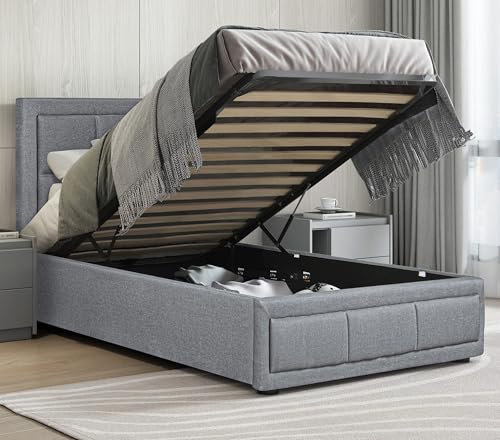 Grey Linen Upholstered Single Ottoman Bed Frame With Mattress Included, UKFR Ottoman Storage Bed With Gas Lift End Opening Wooden Slats With Storage Bed (3ft Single 90 x 190, Mattress Included)