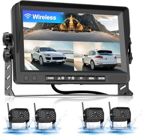 CAMECHO Kit Telecamera Retromarcia Wireless con Monitor IPS da 7 Pollici e 4*Telecamere Posteriori Impermeabili, supporto DVR/Visione Divisa/Flip di Immagini per Auto Minivan SUV-12V
