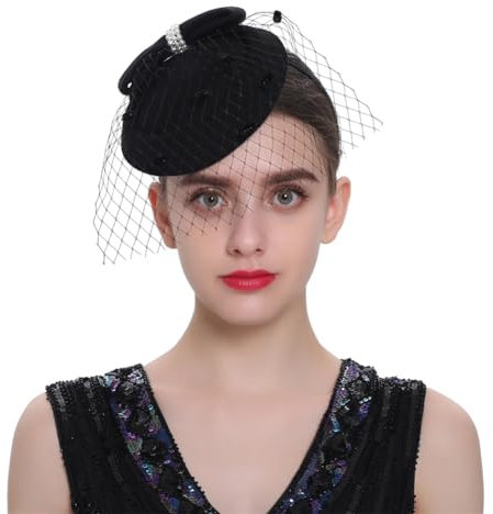 Generisch Fascinator-Hut für Damen, 20er- und 50er-Jahre-Stil, Vintage-Pillbox-Hut, Derby-Fascinator, Teeparty, Kopfbedeckung mit Schleier, Schwarz , Einheitsgröße