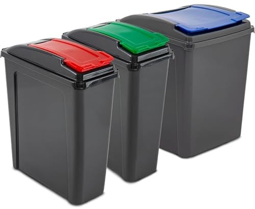 1x 50 Liter + 2x 25 Liter Mülltonne Schwarz-Grün-Blau-Rot, Mülleimer Küche, Mülleimer 3 Fächer, Mülltrennsystem 3fach, Abfalleimer Küche, Mülleimer 50l, Trash Bin, Mistkübel, Mülleimer Deckel, Müll