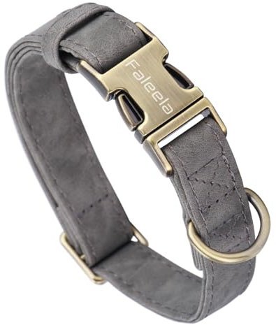 Faleela Hundehalsband aus Leder, langlebig, strapazierfähig, mit Schnellverschluss-Metallschnalle, verstellbar für große, mittelgroße und kleine Hunde (Grau, L)