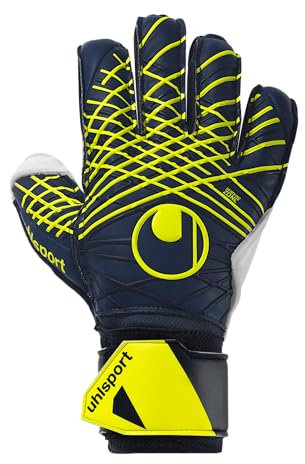 uhlsport Fußball Torwarthandschuhe Prediction Soft Flex Frame - Torwarthandschuhe für Kinder und Erwachsene mit Fingerschutz, 7, Marine/weiß/Fluo gelb
