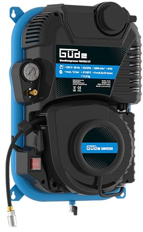 Güde Wandkompressor 160/08/2 ST (1100 W/230 V, max. 8 bar, 90 l/min eff. Liefermenge, ölfrei, platzsparende Wandmontage, integrierte 180° schwenkbare Automatikschlauchtrommel, 9 m Druckluftschlauch)