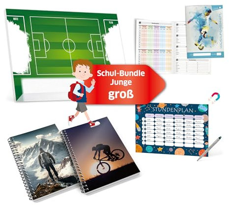Schulstarterset für Jungs - Schulanfang - Hausaufgabenheft Fußball, Magnetischer und abwischbarer Stundenplan, 2x Spiral-Notizblock & A2 Schreibtischunterlage - [Großes Set] PRIMUS PRINT