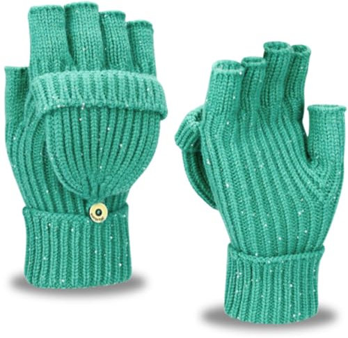 Yaopelky Fingerlose Winterhandschuhe für Damen und Herren, halbe und volle Glitzer-Strick-Fäustlinge Daumen mit Kappe, wandelbarer Thermo-Fäustling, Grün mit Pailletten, One Size for most adults
