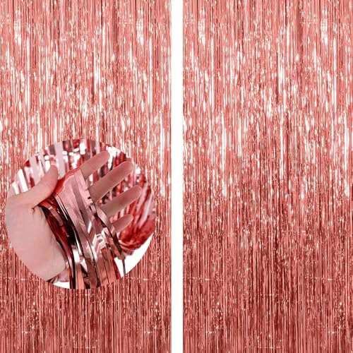 2PCS Curtain Pink Glitter Tinsel 1 x 2m Curtains PastelFoil 3.2 x 6.5ft Curtain Backdrop Decoration Background Hanging Streamers for Fairy Princess Birthday School Wedding Holiday Party-(Rose Gold)