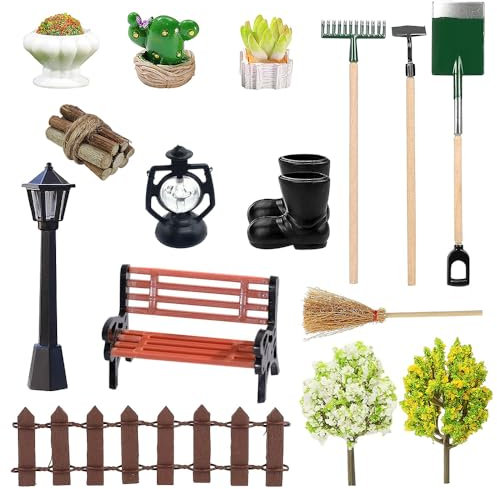Miniatur Garten Zubehör,16 Pcs Miniatur Gartengeräte,Mini Garten Dekoration Set,Miniatur Garten Deko Puppenhaus Zubehör,Straßenlaterne Garten,Gartenbank