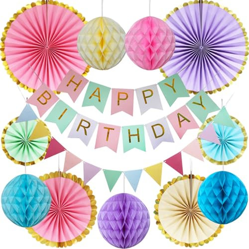 Pastel Birthday Party Decorations, Colorful Paper Honeycomb Fans Pompoms, Happy Birthday Banner Hanging Paper Fans, Pastel Bunting For Baby Shower Birthday Party Decorations