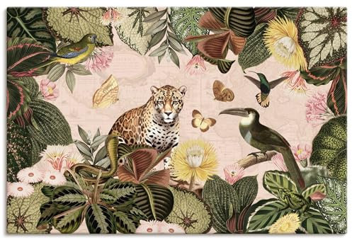 ARTLAND Wanddeko Leinwand Bilder Wandbild 60x40 cm Tiere exotische Pflanzen Blumen Leopard Tukan Dschungel Vintage U5HB