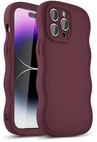 LoeoeL Girly Case for iPhone 14 Pro Max Silicone, Wavy 14 Pro Max Phone Case for Women, Curly Wave Cute Y2k Ripple Aesthetic Design, Slim Soft Rubber Jelly Camera Protection Case, Burgundy Wine Red