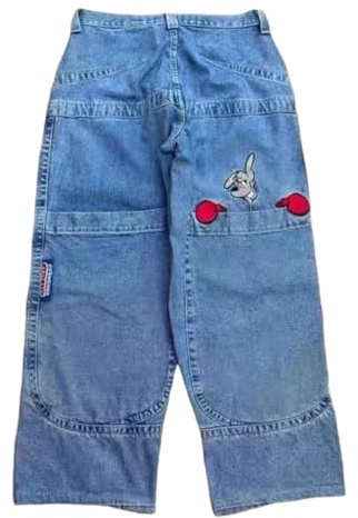 ORANDESIGNE Jeans Y2K Homme Taille Basse Printed Pants Pantalon Unisexe Pantalon Cargo Décontracté Imprimé Hippie Streetwear Z07 Bleu XXL