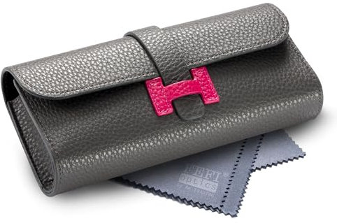 FEFI - Hardcase Softcase Brillenetui in attraktiver Leder-Optik mit Steckverschluss - inkl. Brillenputztuch (Grau)