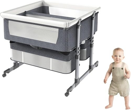 Co-Sleeping Baby Bett Zwillinge mit Aufbewahrungskorb - Portable Basinette für Säuglinge - 6 höhenverstellbares Babybett - Kinderbett für neugeborene Jungen & Mädchen - leicht faltbar & platzsparendes