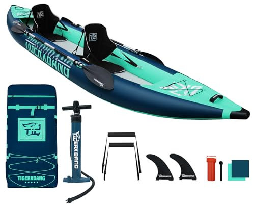 TIGERXBANG Kajak Aufblasbar, 2 Personen Kajak 420x90x24cm Drop Stitch Tourenboot für Erwachsene/Kinder Aufblasbar Kanu Set Mit 2 Sitz & Doppelpaddeln Zubehör Mit 205KG Gewicht Kapazität, Türkis