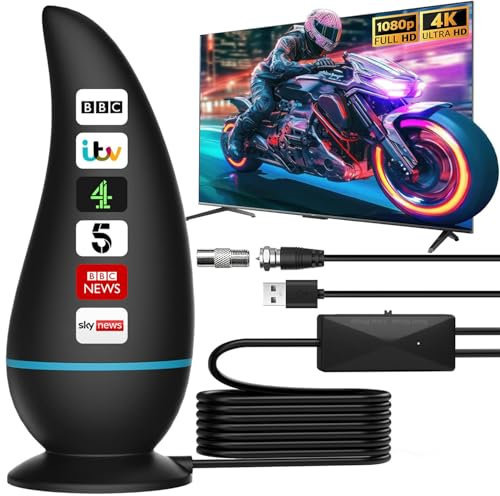2025 TV Aerial, Freeview Indoor Aerial with 560+ Miles Range Reception, TV Antenna Indoor with Signal Booster & Magnetic Support Base, Portable TV Aerial for 4K 1080P HD Local Channels and All TV