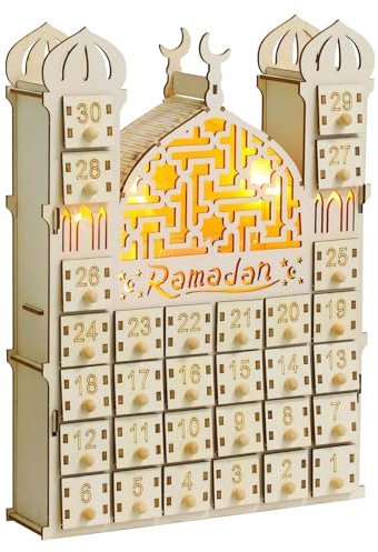 Ramadan Kalender aus Holz mit Lichtern | 30 Schubladen für Countdown | Handgefertigter Ramazan Kalender | Wiederverwendbare Ramadan Deko für Zuhause und Eid