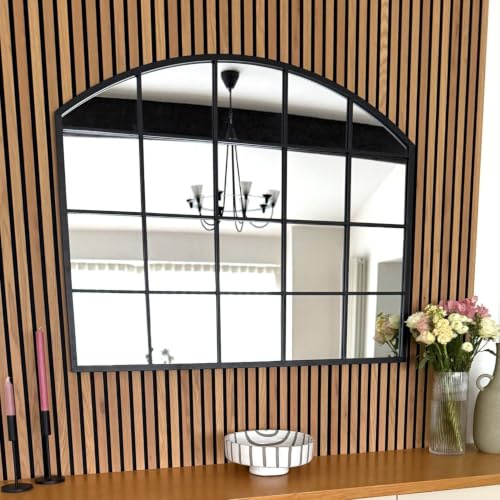 Jobu | Arched Mirror with Metal Window Frame Style in Black – 95cm x 120cm for Bedroom, Hallway or Living Room | Tomi