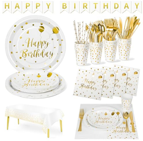 DN DENNOV 162 Pieces White Gold Happy Birthday Theme Party Tableware Includes Plates Fork Spoon Tablecloth and Banner for Engagement, Wedding, Birthday, Serves 20