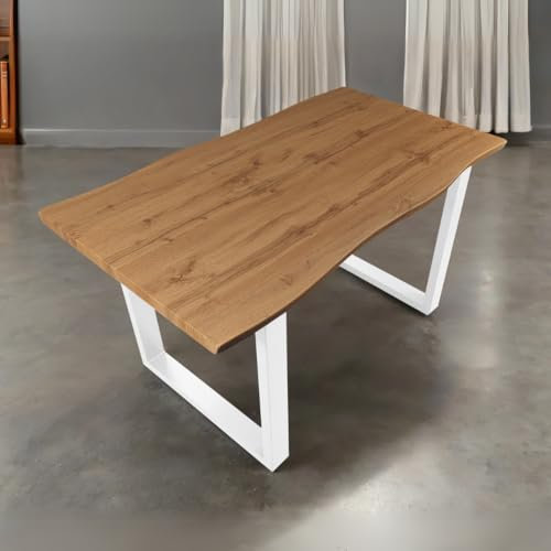 Bett11 Esstisch 140x80 cm Holz 40mm Eiche-Optik, U-Gestell weiß, Baumkantentisch aus Holz, Casa Massiva