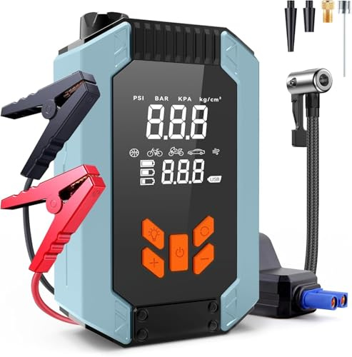 USUIELIGHT Starthilfe Powerbank mit Kompressor, 150PSI 4000A Auto Starthilfe für 9.0L Benzin und 8.0L Diesel, 12V Fahrzeuge Starter Powerbank mit LCD-Display, LED-Taschenlampe, Reifendruckanzeige