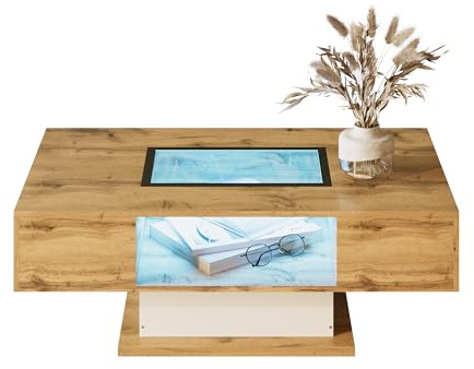 Merax Couchtisch 110x60x39,7 cm, mit LED-Beleuchtung, Glasplatte, 2 Schubladen, Beistelltisch mit Farbwechsel-LED, offenes Aufbewahrungsfach, modernes Design, Holzfarbe & Weiß