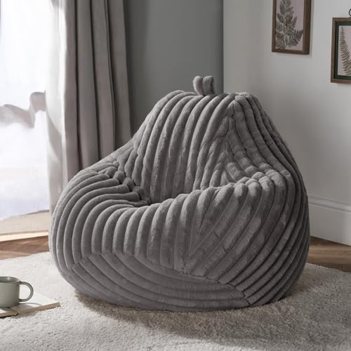 OHS Bean Bag Chair Adult, Modern Ribbed Cord Bean Bag with Filling Included Large Indoor & Outdoor Use Lounge or Garden Bean Bags Gaming Chair for Living Room, Grey