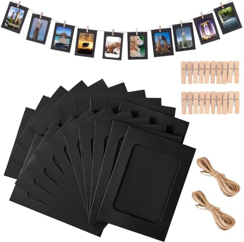 20 Stück Fotorahmen aus Pappe, 11.4x15.4cm Kraftpapier Bilderrahmen | Papier Fotorahmen, Papier Bilderrahmen, zum Aufhängen mit 20 Holzklammern und 2 Hanfseil, für DIY Geburtstag Hochzeit Party