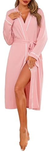 Vlazom Peignoir Femme Long et Confortable Ceinture Adjustable et Bordure à Motifs Blanc Idéal pour la Maison
