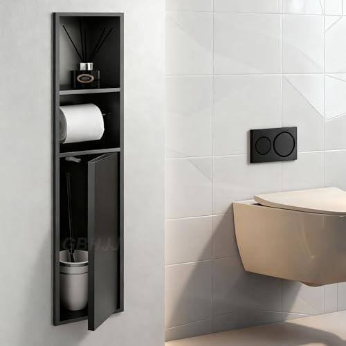 GBHJJ Porte-Papier Toilette Encastré, Meuble de Rangement Mural pour Brosse de Toilette, Niche de Douche, Distributeur Papier Toilette en Acier Inoxydable, pour RéNovation de Salle Bain Black