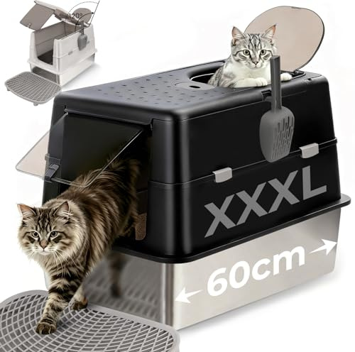 XXL Edelstahl Katzentoilette mit Deckel - 60x43x40cm Großes Katzenklo geschlossen, 120° Klappdeckel, Auslaufsicher für Stehpinkler & Große Katzen, inkl. Streu-Treppe & Schaufel, Schwarz