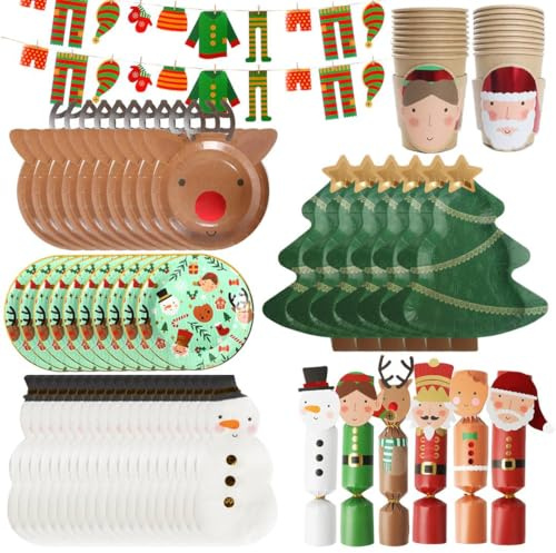 I LOVE FANCY DRESS Christmas Partyware 64pc Bundle - Crackers, Elf Washing Line Bunting, Assorted Xmas Plates, Santa & Elf Cups, Snowman Napkins - Fun Festive Christmas Tableware Decoration Set