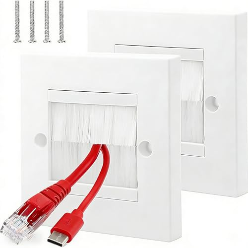 2 PCS Cable Entry Cover with White Brushes,Brush Wall Plate for Cables, Brush Plates for Covering Outlets and Tiding Cords Easily(White)