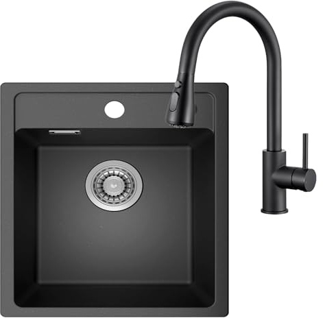 40 x 46 cm Lavello Granito Nero con Arco Rubinetto Estraibile | Lavandino Cucina 1 Vasca Nero in Quarzo, Piccolo Lavello da Incasso o Appoggio, per Mobile da 40cm