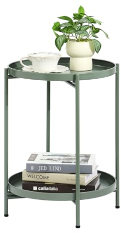 Mordchil EU 2-Tier Round End Side Table, Small Metal Side Table with Removable Tray, Folding Accent Tables for Living Room, Balcony, Nightstand for Bedroom, Outdoor Tables for Patio, Sage Green