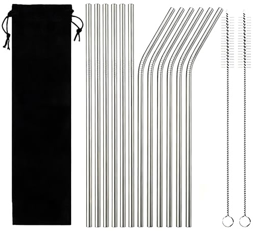 12pcs Reusable Stainless Steel Drinking Straws with 2 Cleaning Brushes & Velvet Pouch - Eco-Friendly Metal Straws for Smoothies, Cocktails, Hot Drinks at Home, Travel, Parties