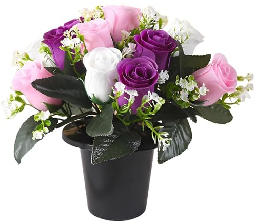 LMJOPYQ Fleurs Artificielles Cimetière, Décoration Funéraire pour Tombe, Fleur Artificielle Extérieur Résistante, Fleurs Artificielles Haut De Gamme, Composition Blanc Rose Violet