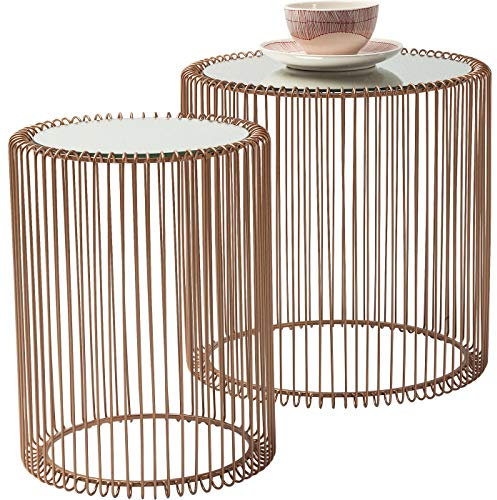 Kare Design Beistelltisch Wire (2/Set), Kupfer, Beistelltisch, Couchtisch, Nachttisch, Stahlgestell, Glasplatte, 46x45x45 cm (H/B/T)