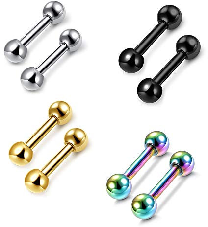 Zysta 4 Pairs Stainless Steel Barbell 3mm Ball Screw Silver Black Gold Rainbow Color Gauge 16G (1.2mm) Tragus Helix Cartilage Stud Earrings Lip Nose Septum Straight Body Piercing 6mm Long