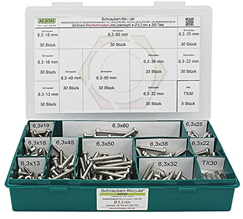 Sortiment Linsenkopf-Blechschrauben Edelstahl 6,3 mm Durchmesser - ISO 14585 / DIN 7981 - Linsenblechschraube mit Innensechsrund (Torx) T30 - Werkstoff A2 (VA / V2A) - 305 Teile