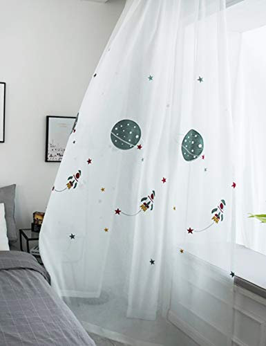 Lactraum Vorhang Kinderzimmer Junge Transparent Weiß mit Ösen Bestickt Planet Sterne Raumschiff Voile 200 x 245cm