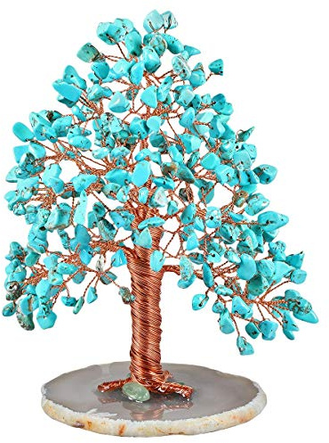 mookaitedecor Green Howlite Turquoise Tumbled Stone Money Tree, Gemstone Feng Shui Ornament Healing Crystal Tree of Life Gift Bedroom Living Room Accessories Good Luck Decoration, Agate Slice Stand